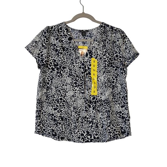 Hilary Radley Printed Blouse Short Sleeve Navy Small Top Tee Layering Workwear - Picture 9 of 10